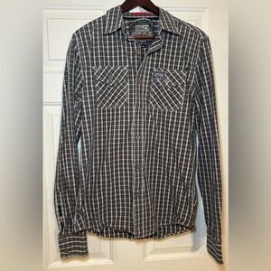 SUPERDRY Men's Button-Down Plaid Shirt Size L Brown, Black & White.‎